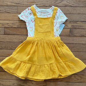 Cat & Jack Girls 2PC Outfit Yellow Pinafore Dress Heart Tee Size 4T - NEW